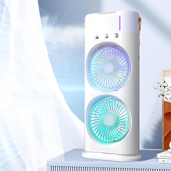 Mini Double Head Mist Fan with LED Light & Humidifier | Portable Air Cooler for Home, Office & Travel